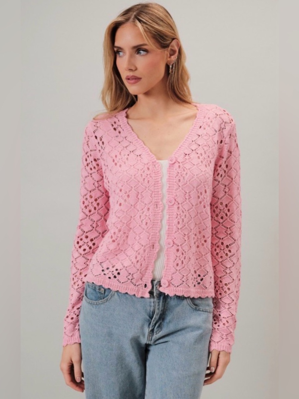 13. Delicate Pink Lace V-Neck Cardigan
